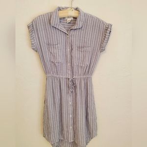 Japna Blue White Striped Tee Shirt Dress Button Down Tie Front Pockets XS